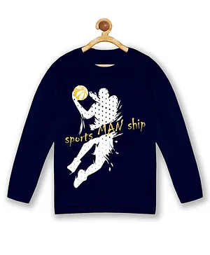 Kiddopanti Full Sleeves Sports Man Ship Print T Shirt - Navy Blue