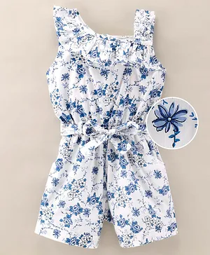 Enfance Core Sleeveless Floral Printed Frilled Neckline Jumpsuit - Blue & White