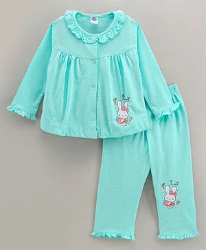 Teddy Cotton Knit Full Sleeves Bunny Printed Night Suit - Sea Green