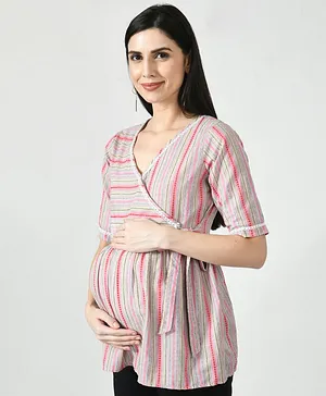Mometernity Half Sleeves Stripe DEsign Detailed Angrakha Style Maternity & Nursing Top - Pink
