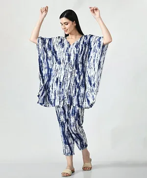 Mometernity Half Batwing Sleeves Seamless Shibori Tie & Dye Kaftan Style Maternity Nursing Top With Coordinating Pyjama - Blue