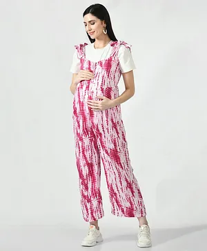 Mometernity Sleeveless Half Sleeves Solid Tee With Shibori Tie & Dye Maternity Jumpsuit Ankle Length - Pink
