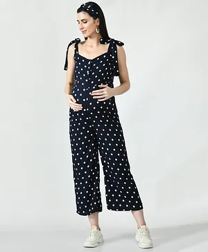 Mometernity Sleeveless Polka Dots Print Maternity And Nursing Jumpsuit - Navy Blue