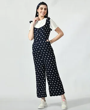 Mometernity Sleeveless Polka Dots Print Maternity And Nursing Jumpsuit With Half Sleeves Solid T Shirt - Navy Blue