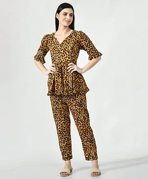Mometernity Half Frill Sleeves Leopard Print Maternity & Nursing Top With Pants Set - Brown & Black