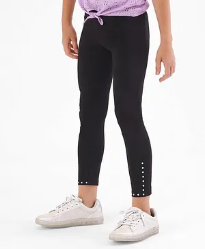 Primo Gino Cotton Elastane Ankle Length Leggings With Studs Placement at the Bottom - Black