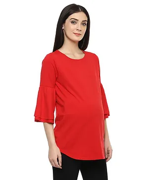 Momsoon Three Fourth Bell Sleeves Solid Curved Hem Top - Red