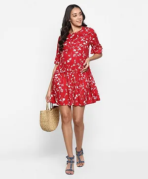 Momsoon Half Sleeves Seamless Floral Printed & Ruffled Detailed Tunic Dress - Red