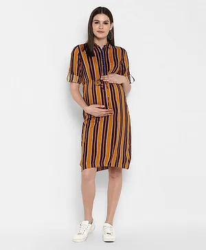Momsoon Full Sleeves Striped Shirt Dress - Yellow & Blue