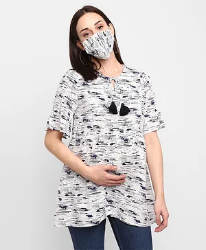 Momsoon Half Sleeves Seamless Abstract Circle Printed Top - White & Blue
