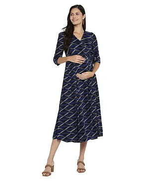 Momsoon Three Fourth Sleeves Seamless Stripe Pattern Design Detailed Flared Wrap Maxi Maternity Dress - Blue