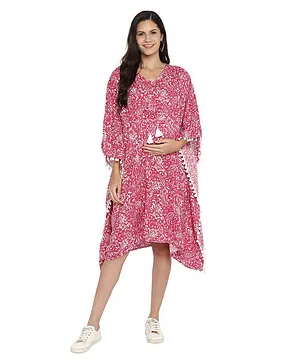 Momsoon Three Fourth Batwing Sleeves Seamless Paisley Printed Pom Pom Lace Embellished Kaftan Dress - Pink & White