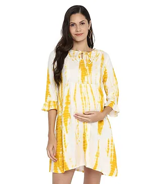 Momsoon Three Fourth Sleeves Tie & Dyes Flared Maternity Tunic Dress - Yellow