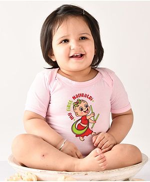 KNITROOT Half Sleeves First Navratri Theme Printed Onesie - Pink
