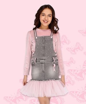 Cutecumber Net Ruffle Trim Solid Denim Pinafore Style Dungaree Dress With Full Sleeves Solid Velvety Chenille Tee - Pink