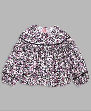 Blue Giraffe Full Puffed Sleeves Floral Printed Gathered Smocked Detail Top - Multi Colour
