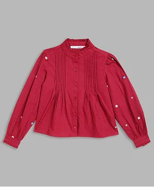 Elle Kids Full Sleeves Pin Tucked With Dobby Woven Design Detailed & Embroidered Top - Red