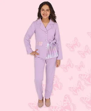 Cutecumber Full Sleeves Georgette & Iridescent Placement Detailing Blazer Style Coat With Solid Trouser Set - Puple