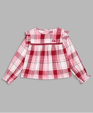 Elle Kids Full Puffed Sleeves Checked Top With Yoke And Embroidered Barnding - Red