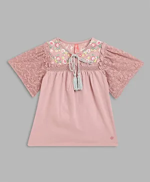 Blue Giraffe Half Sleeves Floral Embroidered Top - Pink