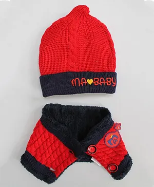 Qvink Self Design Winter Cap With Neck Warmer - Red