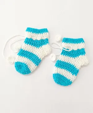 Little Peas Striped Pattern Handmade Knitted Woollen Socks - Light Blue & White