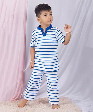 SnuggleMe Half Sleeves Rugby Striped Tee With Coordinating Pyjama - Blue