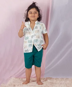 SnuggleMe Half Sleeves Elephant Printed Angrakha tee With Shorts - Green