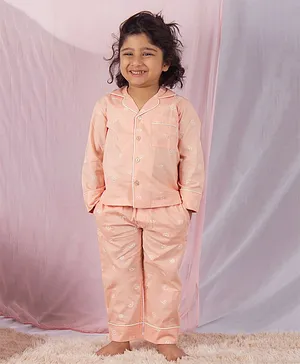 SnuggleMe Full Sleeves All Over Lemon Printed Shirt With Coordinating Pyjama - Peach