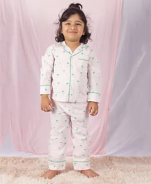 SnuggleMe Full Sleeves All Over Palm Tree Printed Shirt With Coordinating Pyjama - Baby Pink