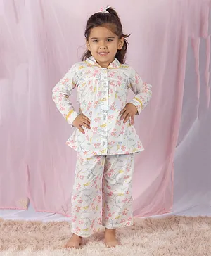 SnuggleMe Full Sleeves All Over Flower & Leaf Printed Shirt With Coordinating Pyjama - Off White