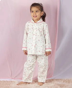 SnuggleMe Full Sleeves Seamless Floral Printed & Lace Embellished Shirt With Coordinating Pyjama - White