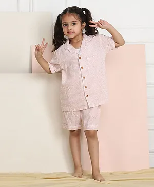 Biglilpeople Half Sleeves All Over Dots Printed Notched Collar Night Suit - Pink