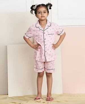 Biglilpeople Half Sleeves Checked Notched Collar Night Suit - Pink