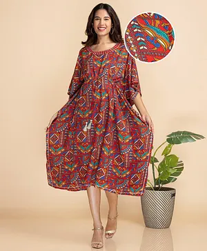 Bella Mama Three Fourth Sleeves Printed Kaftan with Embroidery - Red