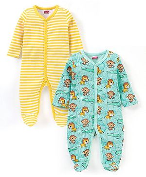 Babyhug Full Sleeves Sleep Suit Striped and Lion Print Pack of 2 - Yellow & Green