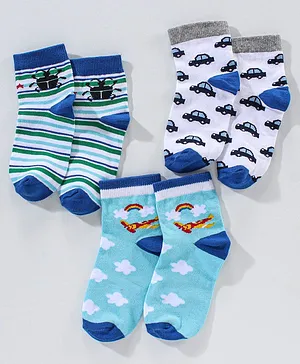 Spenta Cotton Blend Ankle Length Socks Car Print Pack of 3 - White Blue