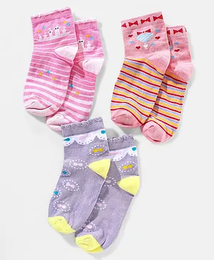 Spenta Cotton Blend Ankle Length Socks Striped Pack of 3 - Pink Purple (Print May Vary)