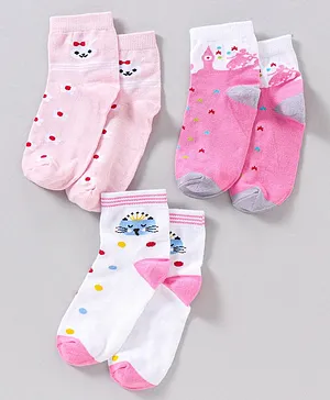 Spenta Cotton Blend Ankle Length Socks Cat Design Pack of 3 - Pink White