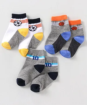 Spenta Cotton Blend Ankle Length Socks Football Design Pack of 3 - Grey
