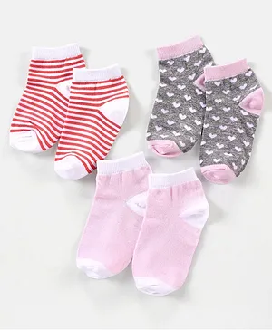 Spenta Cotton Ankle Length  Socks Stripes & Bow Design Pack of 3- Grey Pink Red