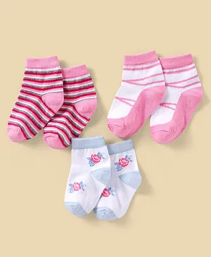 Spenta Cotton Blend Ankle Length Socks Floral Design Pack of 3 - White Pink