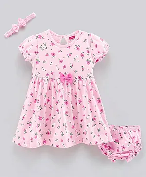 Babyhug Cap Sleeves 100% Cotton Frock With Bloomer & Headband Bow Applique Floral Print- Light Pink