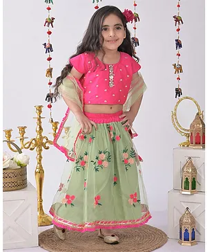 Kinder Short Frill Sleeves Lace Work Detail Top With Embroidered Net Lehenga And Dupatta  - Pink & Green