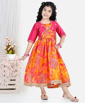 Kinder Kids Three Fourth Sleeves Lace Embellished Floral Embroidered Jacket With Ethnic Foil Printed Long Dress - Pink