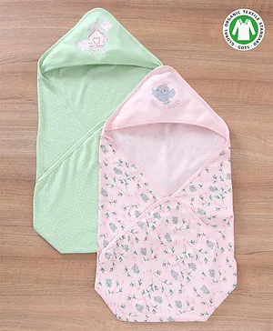 Babyoye Organic Cotton Printed Hooded Towel Pack Of 2 - Green Pink