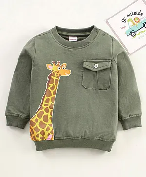 Babyhug Full Sleeves Cotton Looper Knit Winter Wear Tee Giraffe Print- Green