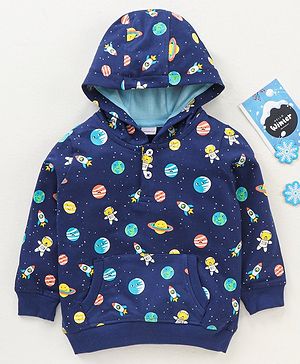 Babyhug Full Sleeves Winter Wear Hooded T-Shirt Space Print - Navy Blue