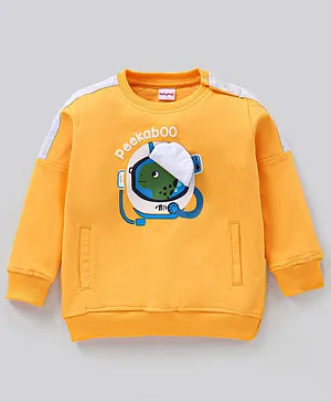 Babyhug Full Sleeves Winter Wear T-Shirt with Dino Print & Interactive Applique - Yellow