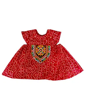 Aglare Navratri Theme Short Sleeves Bandhani & Mirror Embellished Patch Detail Dress - Red